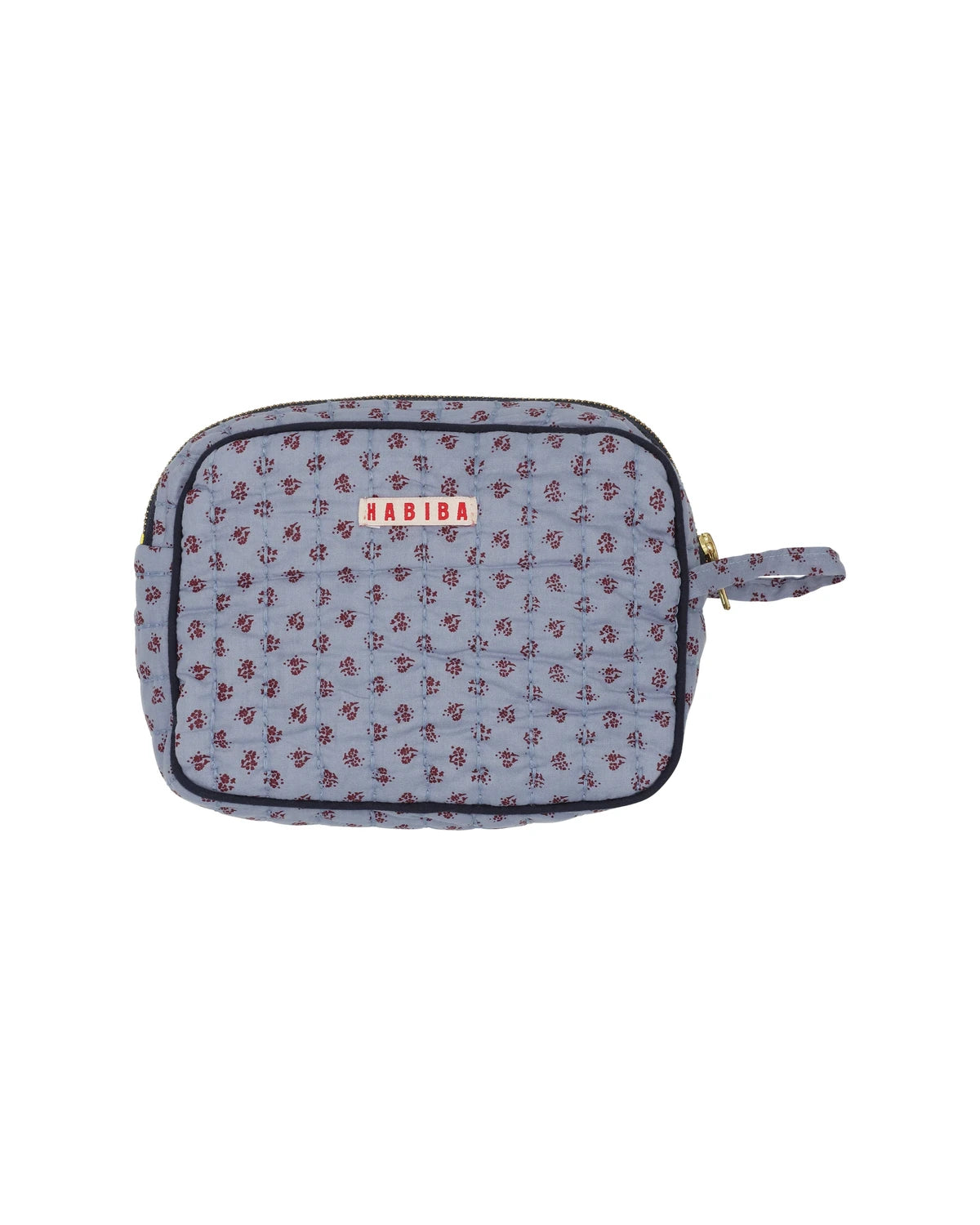 Kosmetyczka Habiba niebieska pikowana w drobny kwiatowy wzór, z zamkiem i uchwytem