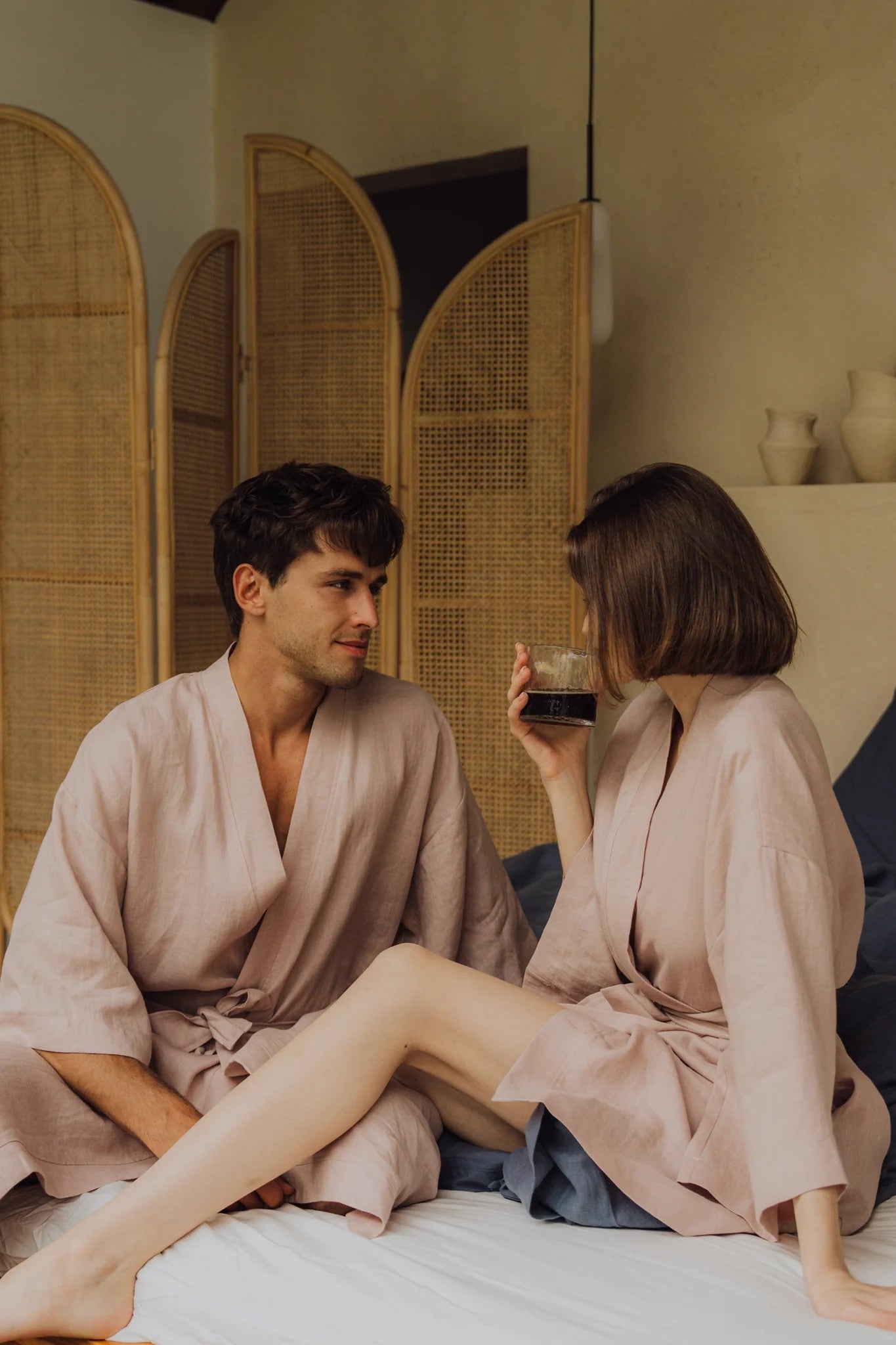 Kimono lniane krótkie różowe