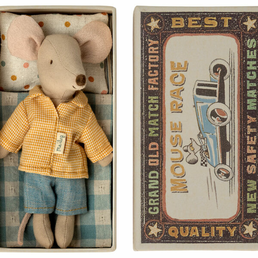 Mała myszka chłopiec w ubrankach w pudełku po zapałkach na małej poduszce w kolorowe kropki i kołderce w niebieską kratkę