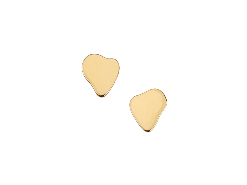 Kolczyki pozłacane, sztyfty w nieregularnym kształcie, rozlanych, małych złotych plamek.