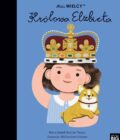 Mali WIELCY Królowa Elżbieta okładka książki z ilustracją przedstawiającą królową jako dziewczynkę z małym psem corgi na ręku na niebieskim tle